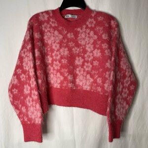 Zara Pink Floral Chunky Fuzzy Cropped Sweater Size XL
